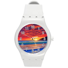 Sunset Over The Ocean Round Plastic Sport Watch (m) by GardenOfOphir
