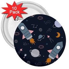 Space Background Illustration With Stars And Rocket Seamless Vector Pattern 3  Buttons (10 Pack)  by Salman4z