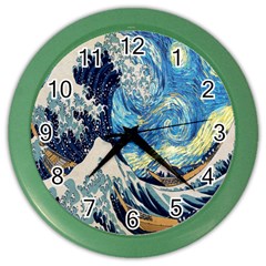 The Great Wave Of Kanagawa Painting Starry Night Van Gogh Color Wall Clock by Sudheng