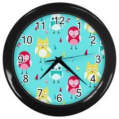 Owls Owl Bird Cute Animal Art Vector  Pattern Colorful Wall Clock (black) by Salman4z