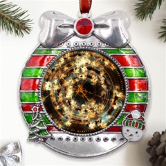 Science Fiction Background Fantasy Metal X mas Ribbon With Red Crystal Round Ornament by danenraven