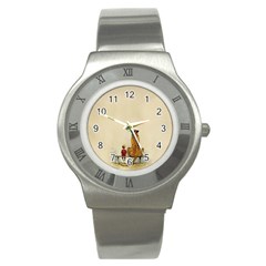 Tiger Sitting Beside Boy Painting Parody Cartoon Stainless Steel Watch by Bakwanart