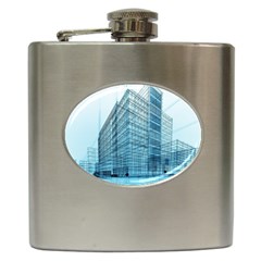 Architecture Blue Drawing Engineering City Modern Building Exterior Hip Flask (6 Oz) by 99art