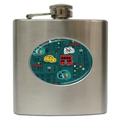 Seamless Pattern With Vehicles Building Road Hip Flask (6 Oz) by Cowasu