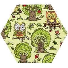 Seamless-pattern-with-trees-owls Wooden Puzzle Hexagon by uniart180623