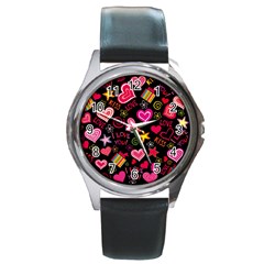 Multicolored Love Hearts Kiss Romantic Pattern Round Metal Watch by uniart180623