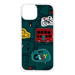 Seamless-pattern-hand-drawn-with-vehicles-buildings-road Iphone 13 Tpu Uv Print Case