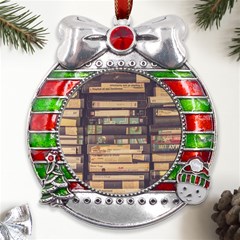 Books Antique Worn Spent Romance Antique Dealer Metal X mas Ribbon With Red Crystal Round Ornament by Ravend