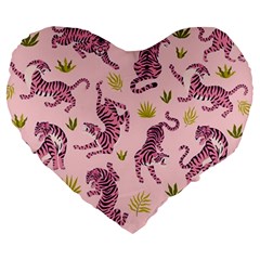 Pink Tigers And Tropical Leaves Patern Large 19  Premium Heart Shape Cushions by Sarkoni