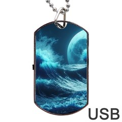 Moonlight High Tide Storm Tsunami Waves Ocean Sea Dog Tag Usb Flash (two Sides) by uniart180623
