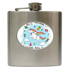 Merry Christmas Xmas Doodle Sketch Cartoon Unicorn Hip Flask (6 Oz) by Pakjumat