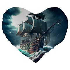 Pirate Ship Boat Sea Ocean Storm Large 19  Premium Heart Shape Cushions by Sarkoni