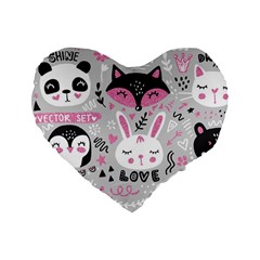 Big Set With Cute Cartoon Animals Bear Panda Bunny Penguin Cat Fox Standard 16  Premium Flano Heart Shape Cushions by Bedest