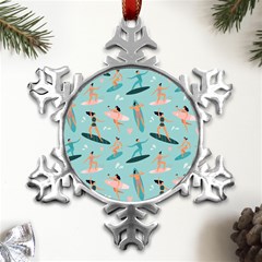Beach Surfing Surfers With Surfboards Surfer Rides Wave Summer Outdoors Surfboards Seamless Pattern Metal Small Snowflake Ornament by Bedest
