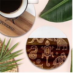 Mexican Culture Golden Tribal Icons Marble Wood Coaster (round) by Apen