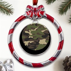 Texture Military Camouflage Repeats Seamless Army Green Hunting Metal Red Ribbon Round Ornament by Ravend