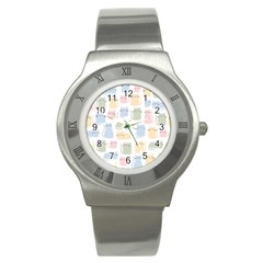 Cute Cat Colorful Cartoon Doodle Seamless Pattern Stainless Steel Watch by Ravend