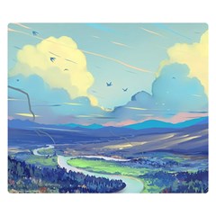 Mountains And Trees Illustration Painting Clouds Sky Landscape Premium Plush Fleece Blanket (small) by Cendanart