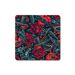 Vintage Flash Tattoos Designs Seamless Pattern Square Magnet by Bedest