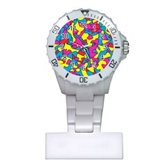 Colorful-graffiti-pattern-blue-background Plastic Nurses Watch by designsbymallika