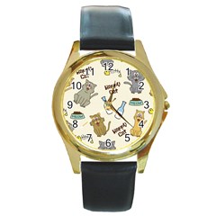 Happy Cats Pattern Background Round Gold Metal Watch by Grandong