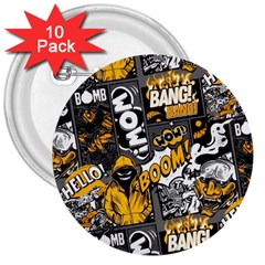 Boom Bang Art Crazy Drawing Graffiti Hello Retro Sayings Yellow 3  Buttons (10 Pack)  by Bedest