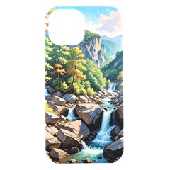 Serene Mountain Waterfall Landscape Iphone 15 Black Uv Print Pc Hardshell Case by ExtraAwesomeSauce