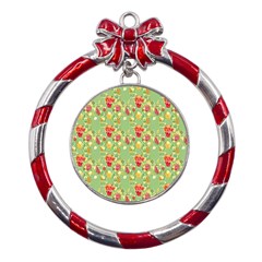 Retro 1880s Flowers Pattern 17 Metal Red Ribbon Round Ornament by violetheavensky