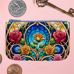 Roses Floral Stained Glass Vibrant Large Coin Purse by Grandong