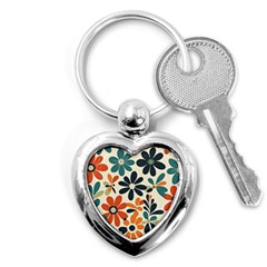 Retro Scandinavian Nordic Flowers Pattern 2 Key Chain (heart) by violetheavensky