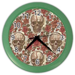 Skull And Roses Flowee Flora Floral Patterns Pattern Color Wall Clock by Tsamara