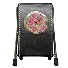 Mid Century Retro Floral 1970s 1960s Pattern 82 Pen Holder Desk Clock by violetheavensky