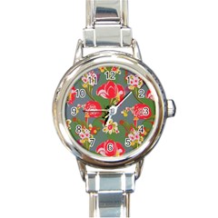 Mid Century Retro Floral 1970s 1960s Pattern 83 Round Italian Charm Watch by violetheavensky