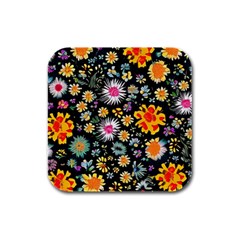 Mid Century Retro Floral 1970s 1960s Pattern 57 Rubber Square Coaster (4 Pack) by violetheavensky