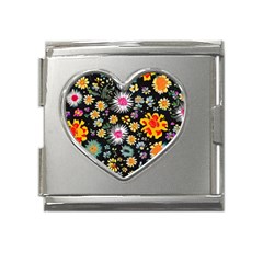 Mid Century Retro Floral 1970s 1960s Pattern 57 Mega Link Heart Italian Charm (18mm) by violetheavensky
