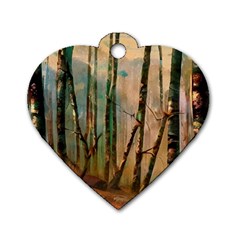 Woodland Woods Forest Trees Nature Outdoors Mist Moon Background Artwork Book Dog Tag Heart (one Side) by Posterlux