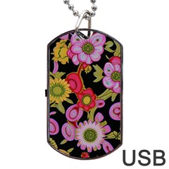 Mid Century Retro Floral 1970s 1960s Pattern 70 Dog Tag Usb Flash (one Side) by violetheavensky